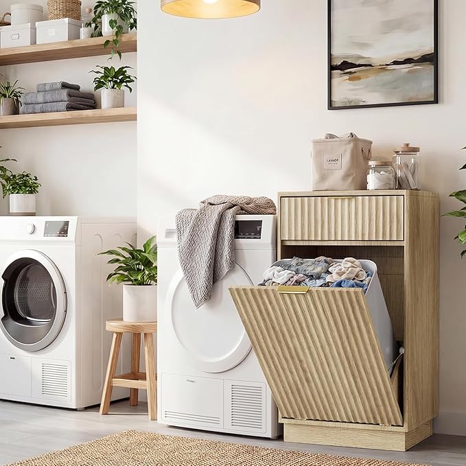 Tilt-Out Trash Cabinet with 10-Gallon Capacity, Walnut Laundry Hamper Cabinet, 34.3 x 19 x 13.8 inches, Wave-Textured Front.