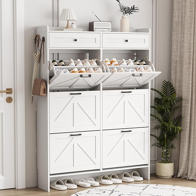 Shoe Cabinet with 6 Flip Drawers & 2 Top Drawers, 57" Tall Freestanding Narrow Wooden Shoe Storage Organizer for Entryway, Hidden Slim Shoe Rack for Front Door Entrance, Hallway, Living Room, White