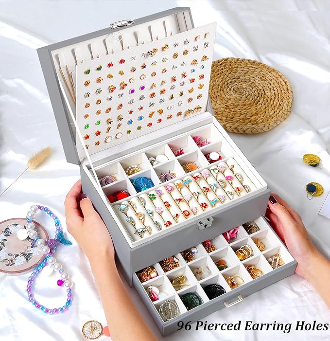 QBestry Earring Jewelry Box for Women Girls Stud Organizers, 5 Layers Grey Jewelry Organizer Box with Lock Necklaces and Earrings Holder Jewelry Box with Earring Organizer for Women Girls Xmas Gifts