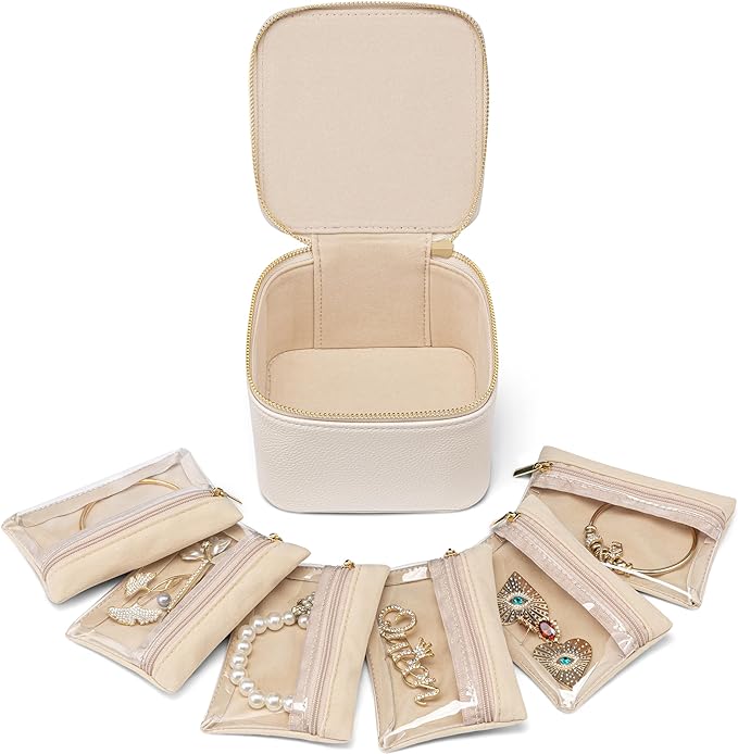 VLANDO Jewelry Travel Case,Valentines Gift,Travel Jewelry Organizer with Clear Velvet Jewelry Bags 6Pcs Zipper Pouch for Women Girl Birthday Gift-White