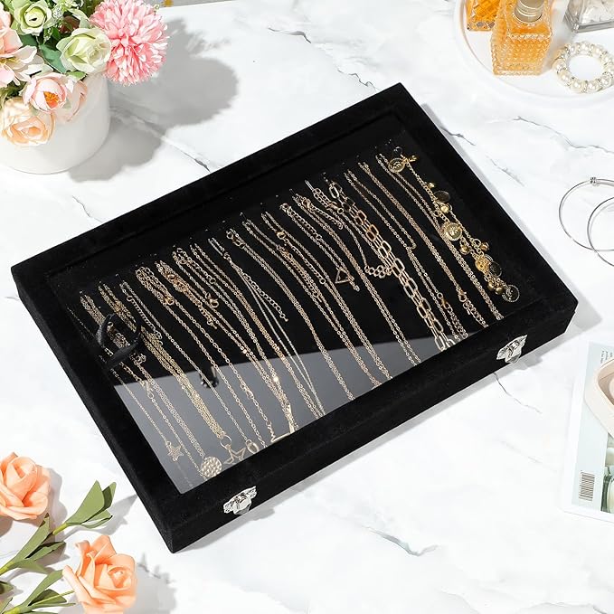Yinkin 2 Pcs 100 Slots Ring Organizer Box with Transparent Glass Lid Necklace Display Tray Ring Case Velvet Jewelry Holder (Black)
