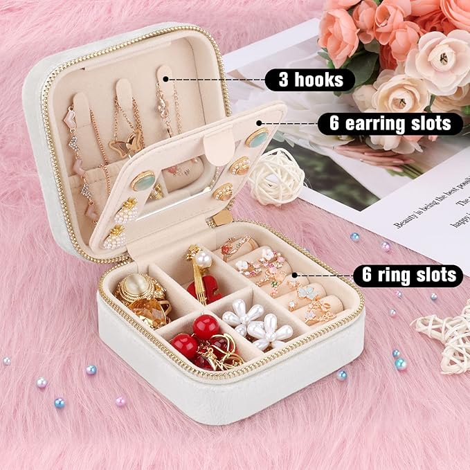 DesignSter Travel Jewelry Box - Velvet Mini Jewelry Organizer, Small Jewelry Case for Girls Women, Jewelry Storage Box for Rings Earrings Necklace (Square, Cream Beige)