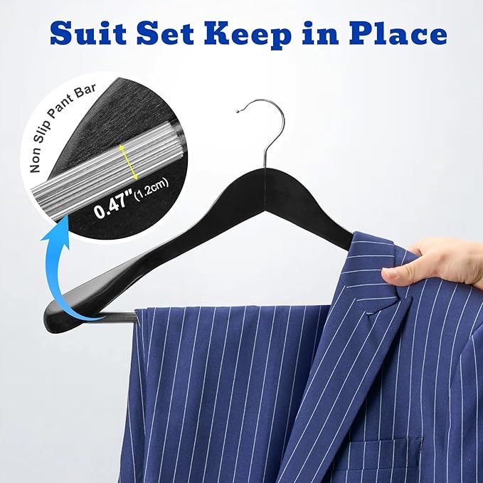 HOUSE DAY Wood Suit Hangers for Men 24 Pack, Smooth Wide Shoulder Wooden Hangers with Non Slip Pant Holder, Wide Hangers for Suits, Coats, Jackets, Heavy Wide Clothes Hanger, Black