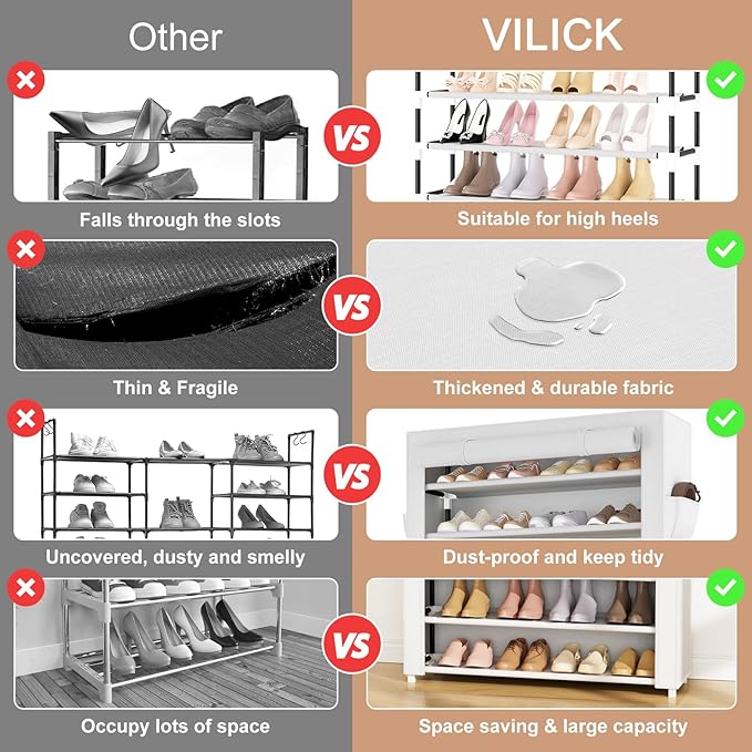 VILICK Shoe Rack with Cover Narrow Shoe Organizer with Pockets 10 Tier Tall Shoe Storage Holds 36-41 Pairs Shoes and Boots Shoe Rack for Closet Entryway Garage, White