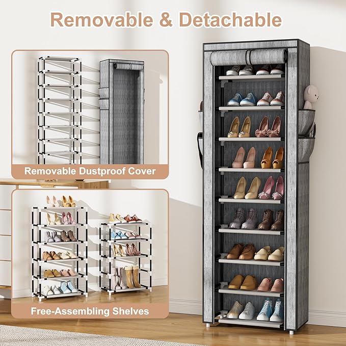 VILICK Shoe Rack with Cover Narrow Shoe Rack Organizer with 4 Side Pockets 10 Tier Tall Shoe Storage Shoe Shelf Holds 18-22 Pairs Shoes and Boots Shoe Rack for Closet, Printing