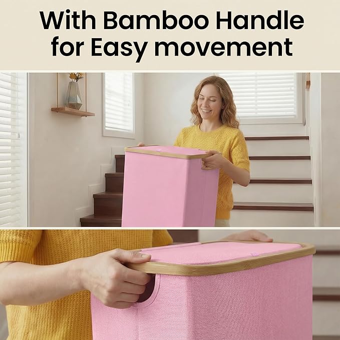 efluky Slim Laundry Basket with Lid, Narrow Laundry Hamper with Removable Bag, Skinny Dirty Clothes Basket with Bamboo Handles for Bathroom, Bedroom & Laundry Room, 75L Pink