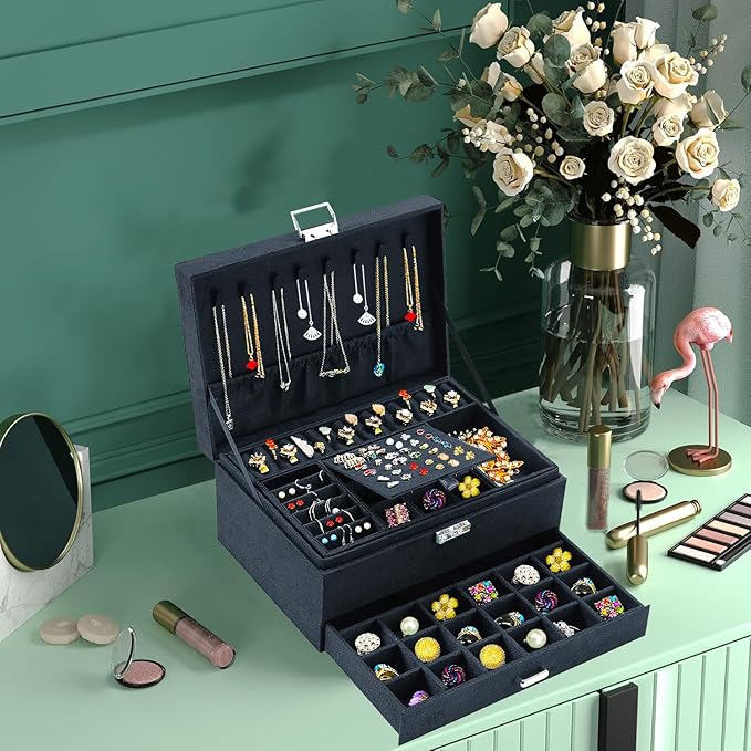 QBestry Jewelry Box for Women with Drawer, 3-Layer Large Jewelry Organizer with Lock & Key, 8 Necklace Hooks & 56 Earring Holes, Black Velvet Jewelry Storage Box for Necklaces Earrings Rings Bracelets