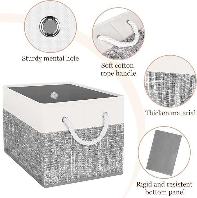 StorageTastic Storage Bin,Collapsible Storage Basket For Organizing,Large Storage Boxes With Rope Handles,Storage Containers,White & Grey,8 Pack