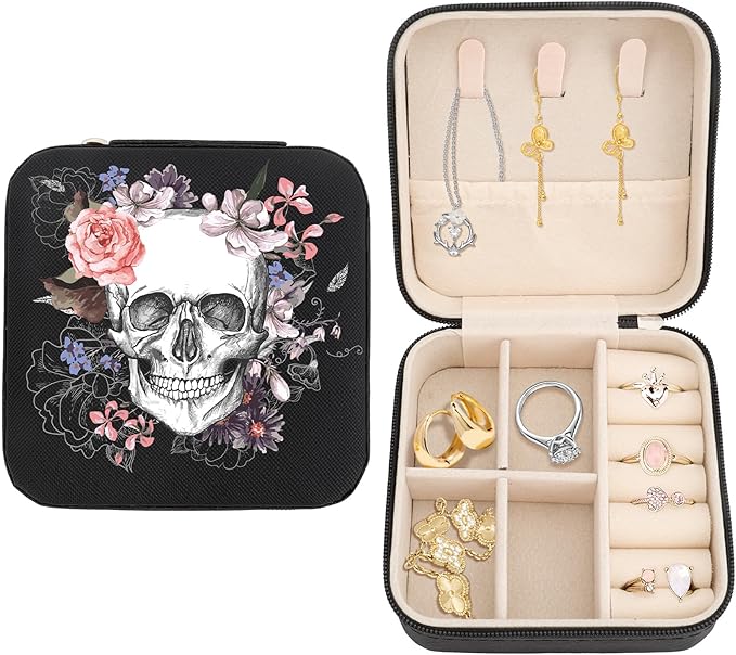 Skull Sugar Flowers Black Jewelry Box Portable Travel Jewelry Case Jewellery Organizer Storage Travel Essentials Earrings Box Ring Case Halloween Gifts for Women Girlboo Basket Stuffers