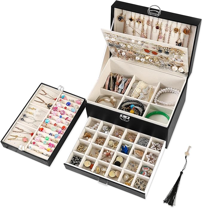 BOOVO Earring Jewelry Box For Women Girl Stud Organizer, 5 Layers Girl Jewelry Organizer Box With Lock Earring Holder Organizer Necklace Ring Jewelry Organizer Box For Girls (Black)