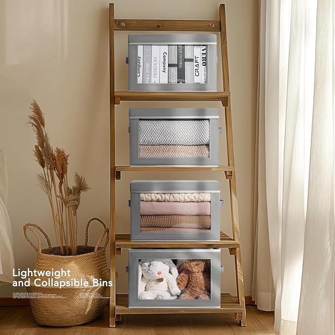 Homsorout Decorative Bins with Lids - Stackable Cube Bins for Closet, 5 Pack Clear Windows Fabric Organizer Bins, Home Organizers and Storage for Clothes, CD, Towels, Grey