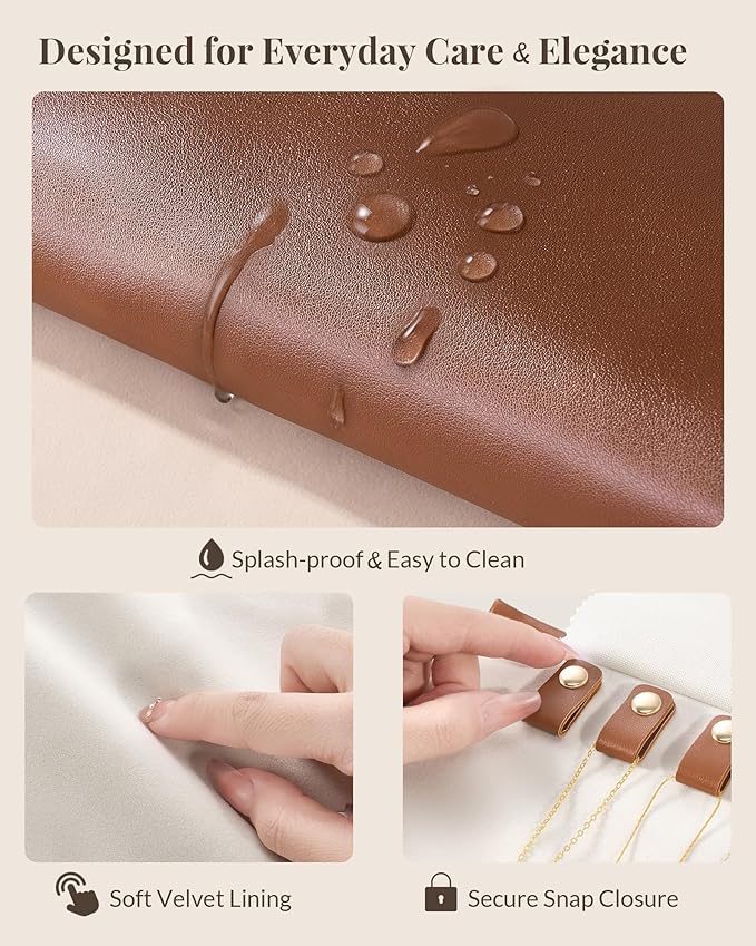 Lolalet Travel Necklace Organizer, Tangle-Free Necklace Case for Travel, Leather Foldable Roll Up Jewelry Storage Bag for Necklaces Chains Bracelets, Mothers Day Gift
