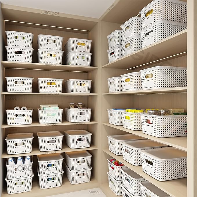 ORGIDOL Plastic Storage Basket with Lids 10 Pack Stackable Storage Bins Containers with Lid, Decorative Storage Boxes for Organizing Shelves, Drawers, Playroom, Classroom, Office, Closet, White