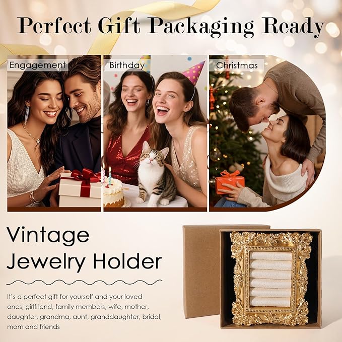 Vintage Ring Holder Rectangle Gold Velvet Display Stand - Baroque Jewelry Organizer Box Tray for Wedding Engagement Anniversary Women Birthday Christmas Gift Photograph Prop (MPF05-Gold White)