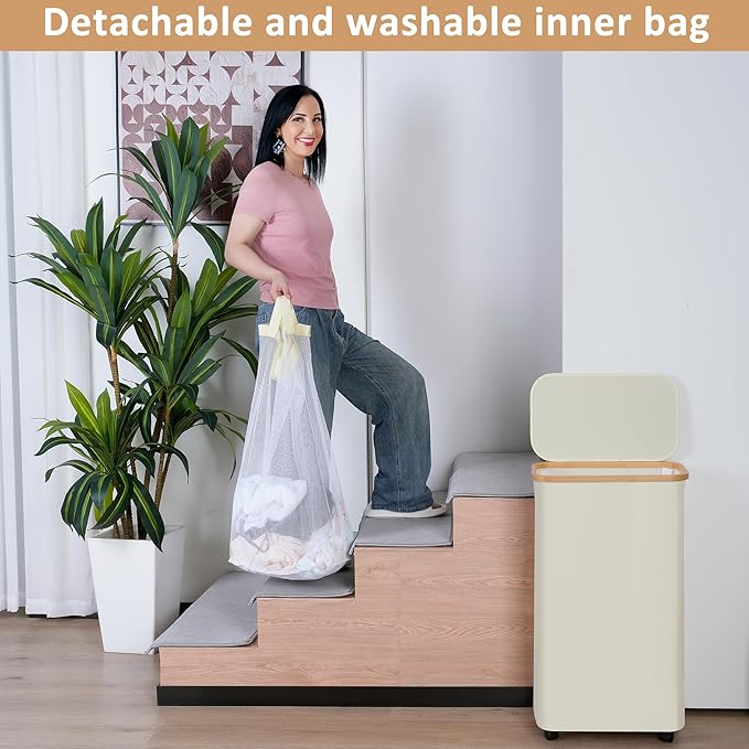 iEGrow 75L Slim Laundry Hamper with Wheels,Clothes Hamper for Laundry,Laundry Basket with Lid & Inner Bag,for Laundry Room, Bedroom, Dormitory Organization,Black
