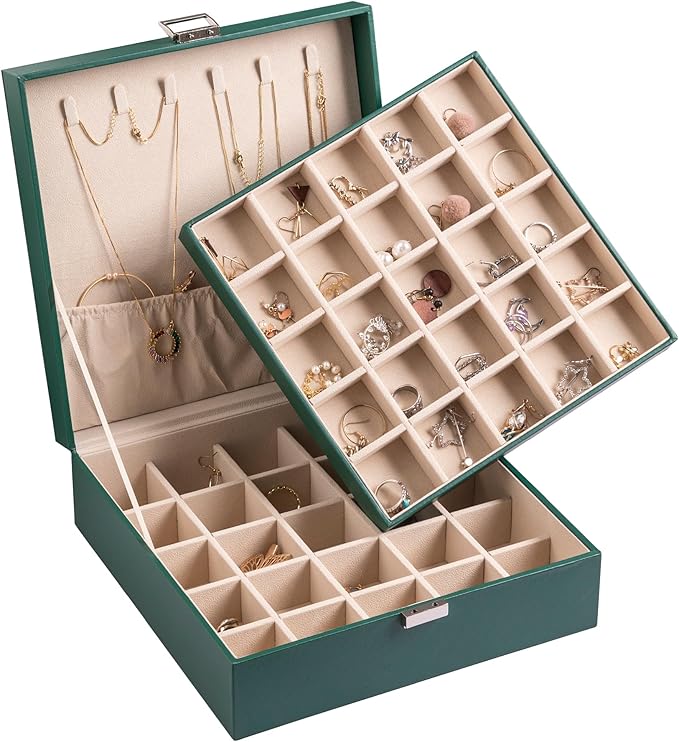 Frebeauty Earring Organizer Classic Jewelry Box 50 Slots Double Layer Jewelry Storage Case with 6 Necklace Hook and Bracelet Pocket(Blackish Green)