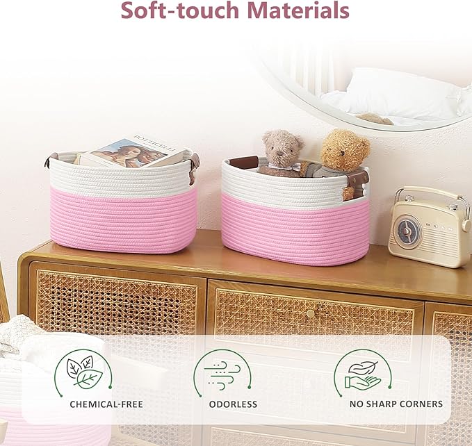 ECDYQXVU Cotton Rope Basket, Storage Baskets with Handle, 15x10x9 Inch Woven Basket for Shelves, Laundry, Towels, Clothes, Books (White/Pink 2Pack)