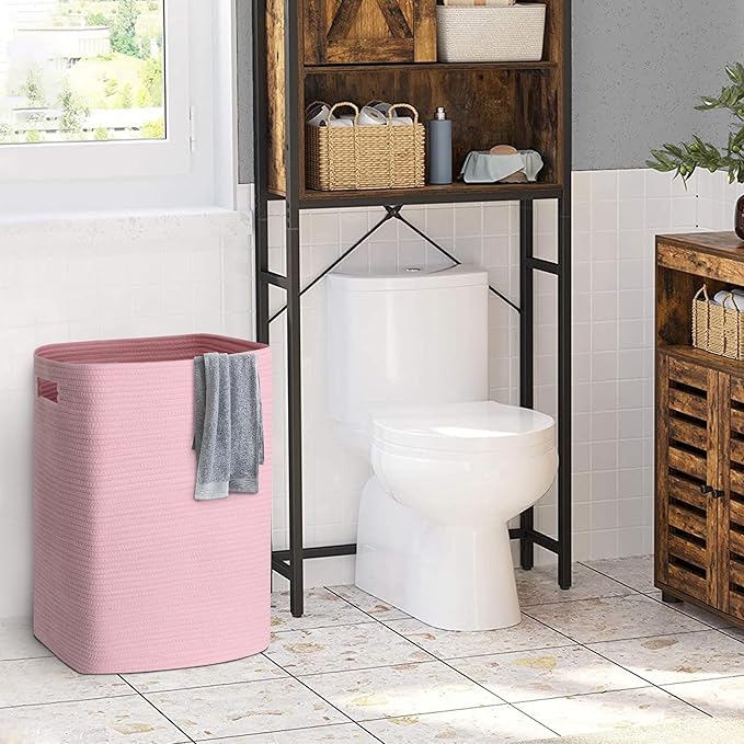 MEGASKET Large Laundry Hamper 16"x13"x22" - Tall Woven Laundry Basket, Cotton Rope Dirty Clothes Hamper, Baby Kids Nursery Wicker Laundry Basket, Bedroom Aesthetic, Soft Laundry Bin, Pink Hamper, 75L
