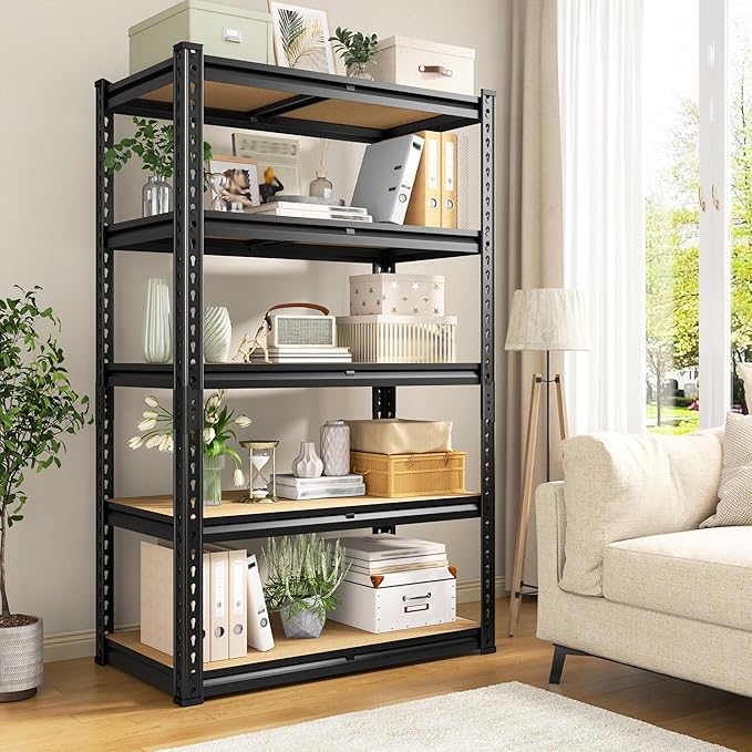 5 Tier Storage Shelves 2020LBS Garage Shelving,Adjustable Heavy Duty Metal Shelving Unit Utility Rack for Garage,Kitchen Pantry Shelf for Warehouse,Closet,Commercial,28" W x 12" D x 59.8" H,Black