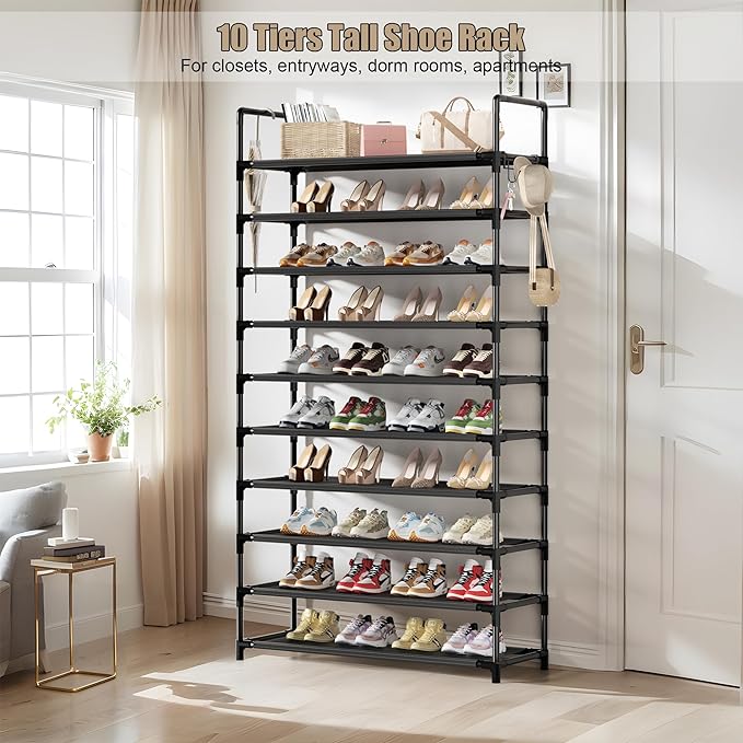 Shoe Rack, 10 Tier Shoe Storage Organizer with Hooks,Fit 40-45 Pairs Shoes,Nonwoven Fabric Tall Shoe Shelf for Closet,Entryway, Hallway,Garage,Bedroom,Cloakroom