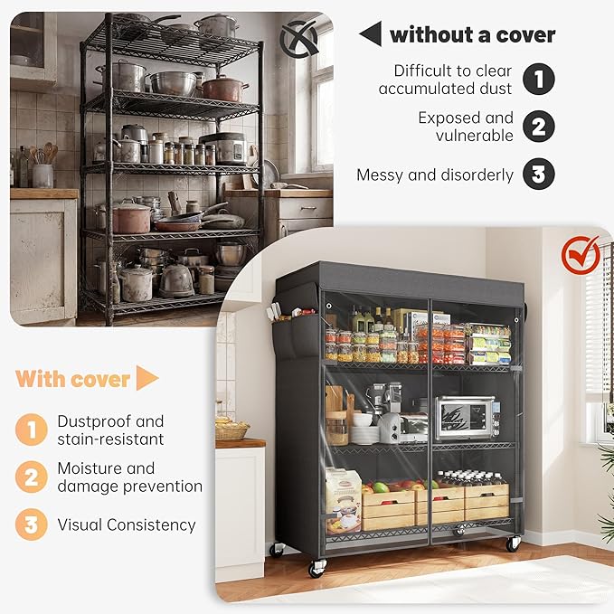 REIBII 4-Tier Storage Shelves Wire Shelving Unit with Cover & Wheels, Heavy Duty Metal Shelving for Dorm Storage Shelves, Garage Storage Rack Commercial Shelf, Pantry, Kitchen, 36" W*14.3" D*56.5" H