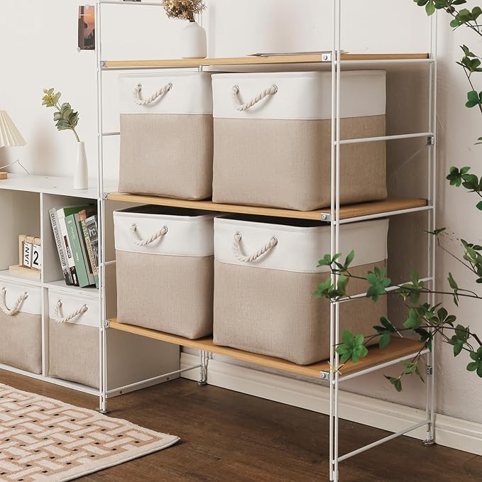 MidmmVick 13 x 13 Inch Cube Storage Bins, 6 Pack Extra Large Collapsible Fabric Storage Bin with Ropes, Foldable Storage Cubes for Home (White & Beige-13"x13"x13")