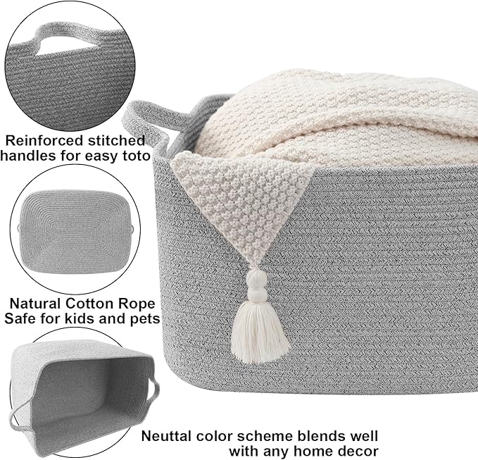 Large Blanket Basket,Woven Rope Basket Storage Bin with Handles,65L Rectangle Laundry Basket for Magazines,Toys,Clothes,Newspaper Shelf Organization,Nursery and Living Room,Grey