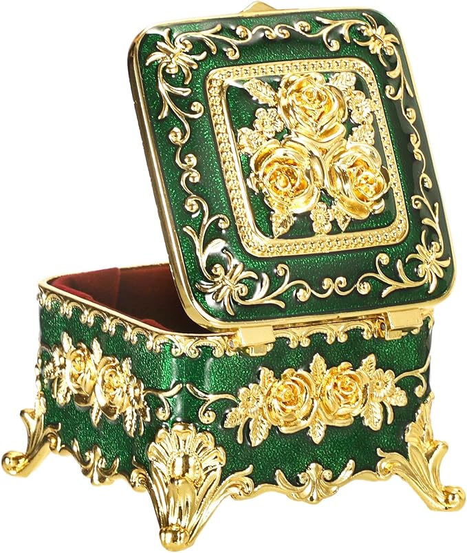 Hipiwe Vintage Jewelry Box Small Trinket Storage Organizer Box Gold Metal Chest Ring Case Treasure Chest Square Keepsake Boxes for Earrings Necklace Gift for Women,Green