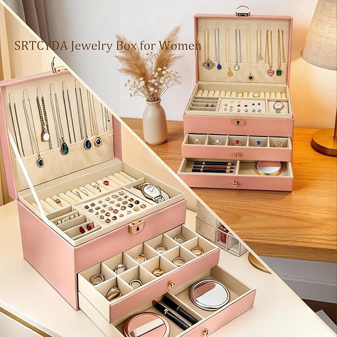 SRTCYDA Jewelry Box for Women, Large PU Leather jewelry organizers and storage, 3-Layer Jewelry Storage with 2 Drawers, Space-Saving Design for Vanity, Holds All Types of Jewelry (Pink)