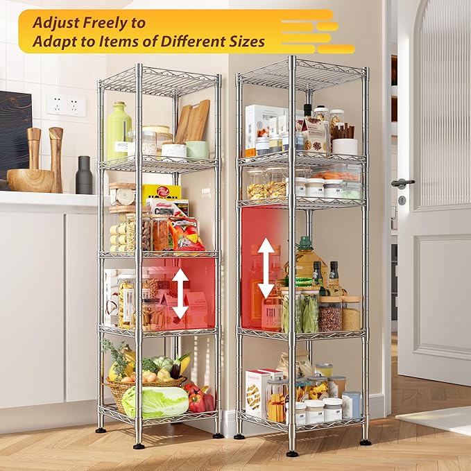 DurayLoly 5 Shelf-Wire Shelving Metal Shelves Storage Rack:Adjustable Storage Shelves Standing Shelf Units and Narrow Shelf for Laundry Bathroom Kitchen Pantry Closet Office 12''Wx12''Dx49''H Chrome