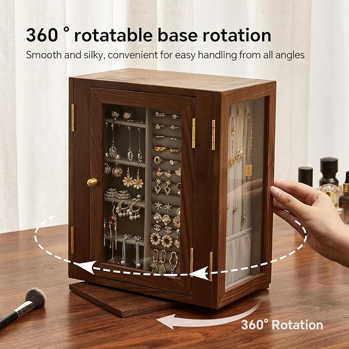 Wooden Jewelry Box for Women, 360 Rotating Design,Large Jewelry Organizer with Velvet Lining, 5 Drawers, Transparent Glass Doors, Black Walnut Wood Grain, Jewelry Storage Organizer