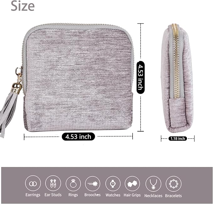 ASINGYER Travel Jewelry Storage Bag for Women, Velvet Portable Jewelry Organizer with Tassel Zipper, Small Pouches for Bracelets Necklaces Rings Earrings, Wedding Gift for Women (silver)
