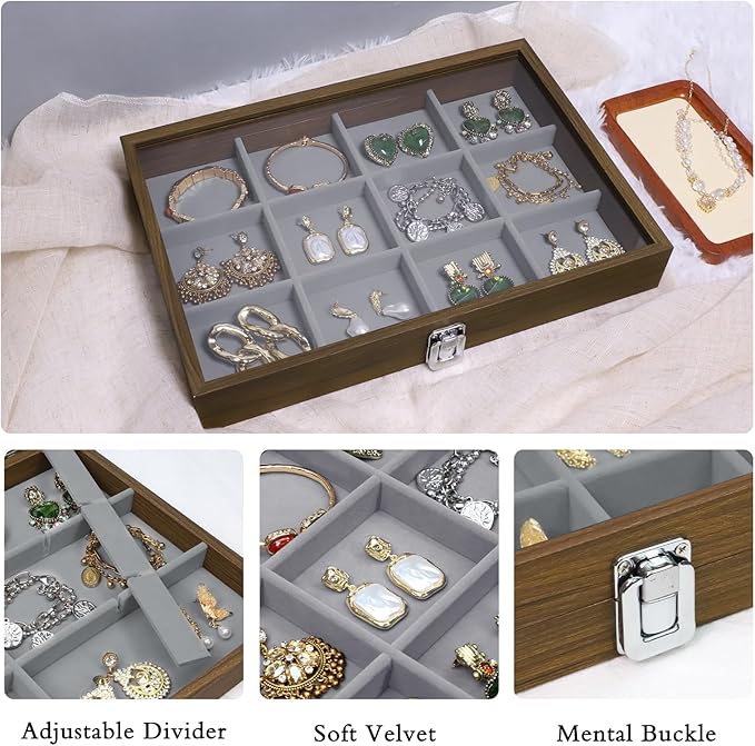 Stratalife Bracelet Organizer Wood Jewelry Box Vintage Jewelry Organizer Bangle Storage Tray with Clear Lid for Drawers Women 12 Grid