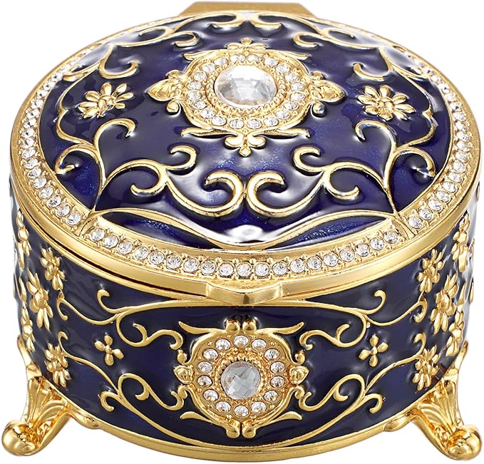 Hipiwe Vintage Jewelry Box Round Metal Treasure Chest Box Enameled Jewelry Trinket Box for Ring Earrings Necklace,Sparkling Keepsake Box Gift for Birthday Christmas,Blue