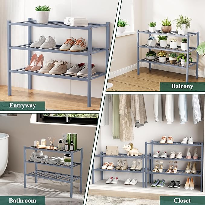 Smiry Shoe Rack, 5 Tier Small Bamboo Shoe Organizer, Stackable Free Standing Wooden Shoe Storage Shelf for Closet, Entryway, Front Door Entrance, Grey