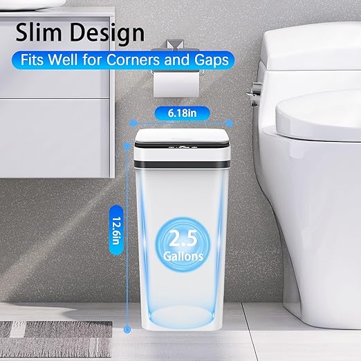 3 Pack Automatic Small Bathroom Trash Can with Lid - 2.5 Gallon Touchless Garbage Can, Motion Sensor Smart Trash Bin, Slim Dog Proof Trashcan, Waterproof Wastebasket for Bedroom Office Kitchen (White)