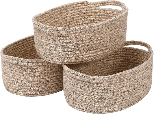JMvicyroam Woven Basket,Small Rope Storage Bin with Handles & Ribbon Bag, Organizer for Shelves Closets,Gift Basket Empty for Birthday,Books,Dog Toys,Oatmeal/3 Pack