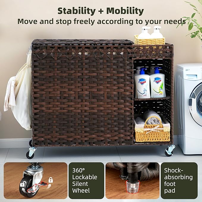 Laundry Hamper with Lid, 160L Rattan Wicker Laundry Basket with Wheels, Handwoven Laundry Hamper 3-Section with Storage shelf(42.3 Gal), Laundry Sorter Basket with Removable Liner,Brown HLH033BR