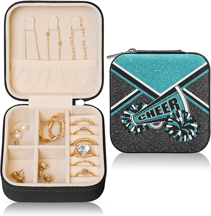 Cheerleader Travel Jewelry Case, Cheer Travel Jewelry Box for Women, Mini Jewelry Travel Case for Cheer Team, Cheerleader Gifts for Girls (Teal)