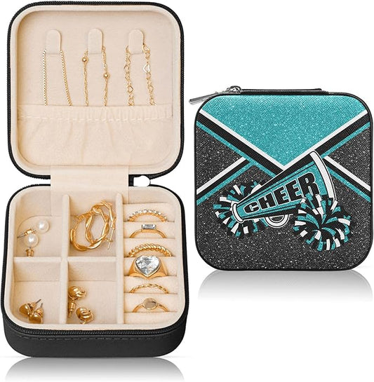 Cheerleader Travel Jewelry Case, Cheer Travel Jewelry Box for Women, Mini Jewelry Travel Case for Cheer Team, Cheerleader Gifts for Girls (Teal)