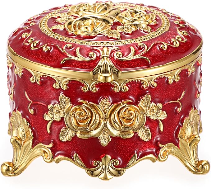 Hipiwe Vintage Metal Jewelry Box - Small Trinket Organizer Ring Box Case with Rose Pattern Jewelry Storage Box for Ring Earrings Necklace, Keepsake Box for Women,Red