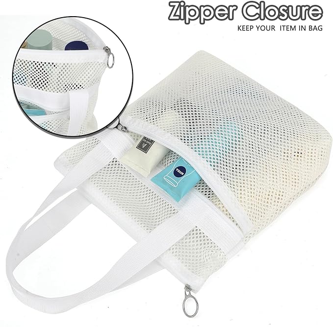 GYEUKHAM Mesh Shower Caddy Portable Shower Bag for Travel,Gym,Camping – Quick-Dry Hanging Toiletry Organizer with Zipper Pockets for Bathroom Essentials,White