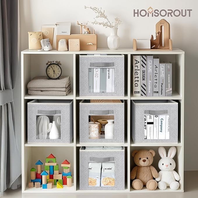 Homsorout Foldable Storage Cubes - Square Organizer with Window, Decorative Baskets for Organizing, Fabric shelf Basket for Clothes, 11 Inch Closet Storage Cubes, Set of 12, Light Grey