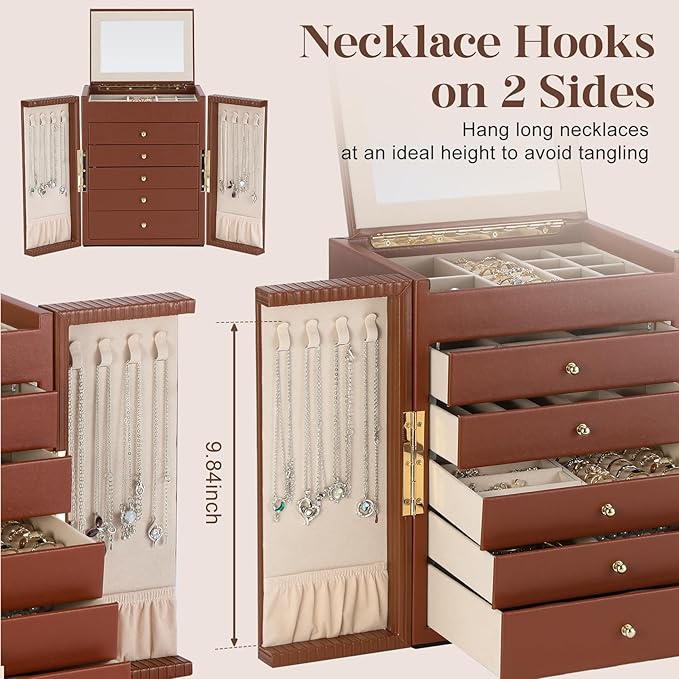 Dajasan Large Jewelry Organizer Box, Jewelry Boxes for Women Girls, 6-Tier Jewelry Storage Organizer with Mirror for Necklace Ring Bracelet Watch, Gift Idea (Brown)