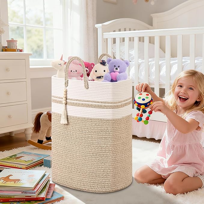 Woven Laundry Basket for Clothes, 80 L Large Rectangle Laundry Hampers with Beads Tassel, Nursery Storage Basket for Toys, Tall Dirty Clothes Hamper for Bedroom Aesthetic, Laundry Room Organization