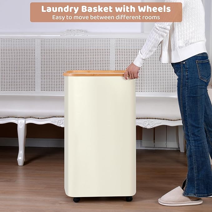 Laundry Basket with Wheels, 110L Beige Clothes Hamper for Laundry, Laundry Hamper with Lid and Inner Bag, Beige