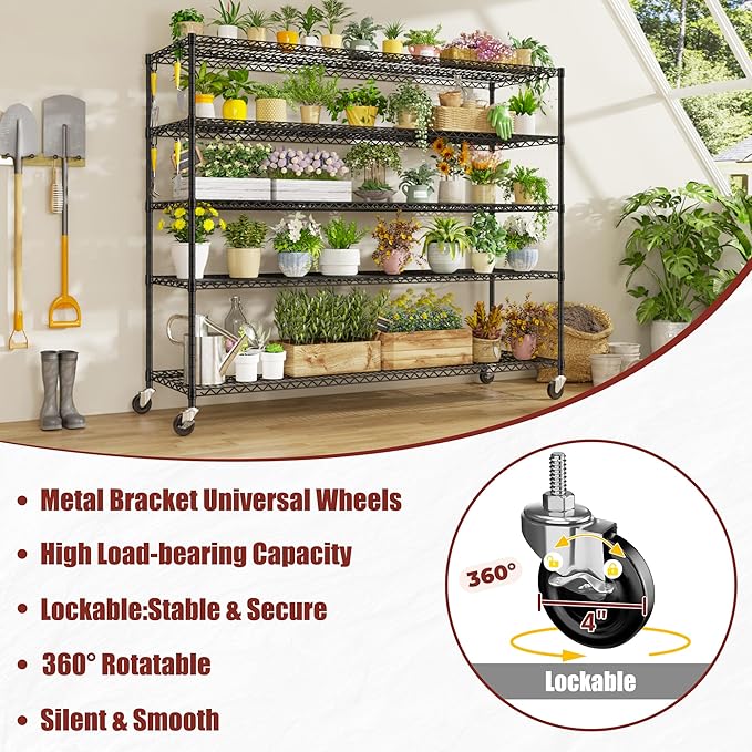 PrimeZone 5 Tier 80.7"H x 55.5"W x 24"D Wire Shelving with Wheels 3000lbs NSF Certified Storage Shelves Heavy Duty Metal Shelf Adjustable Rolling Rack Commercial Garage Restaurant Warehouse Kitchen