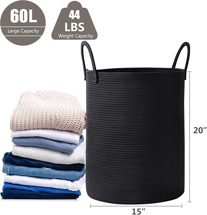60L Black Woven Cotton Rope Laundry Hamper Basket for Clothes Tall Modern Blanket Storage Basket in Living Room Bedroom 15Dx20H inches