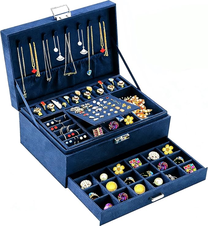 QBestry 3-Layer Jewelry Box for Women with Lock and Key & Drawer, Large Jewelry Organizer with 8 Necklace Hooks & 56 Earring Holes, Navy Velvet Jewelry Storage Box for Necklaces Earrings Ring Bracelet