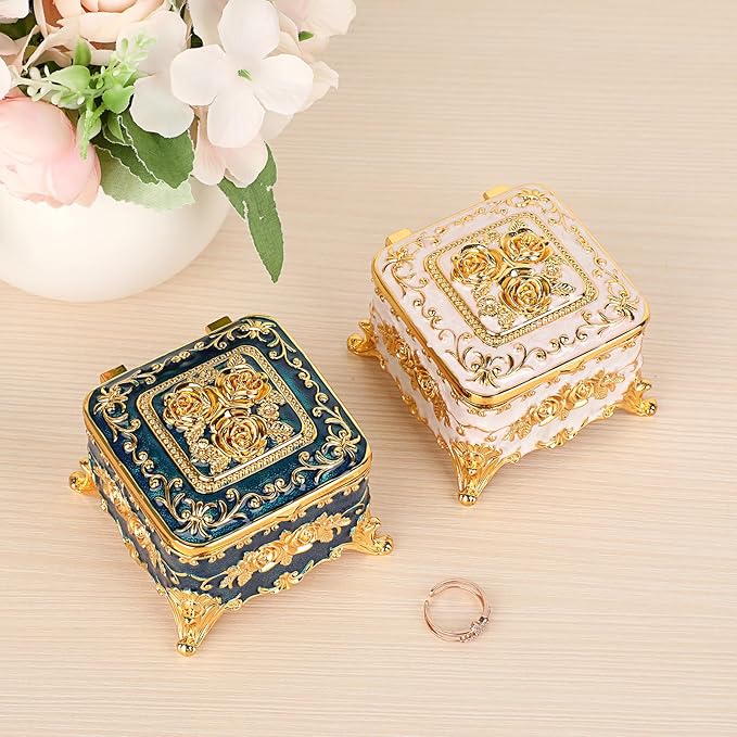 Hipiwe Vintage Jewelry Box Trinket Organizer Enameled Metal Treasure Chest Ring Holder Earrings Storage Case Decorative Keepsake Box Gift for Women, Small 3"x3"x2.4"